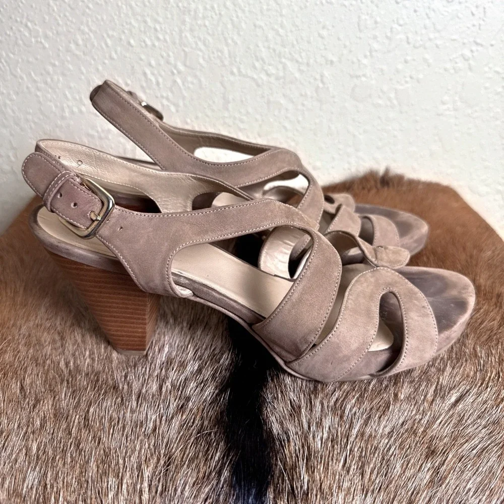 Stuart‎ Weitzman 9 Tan Leather Cone Heeled Cage Ankle Strap Sandals Neutral